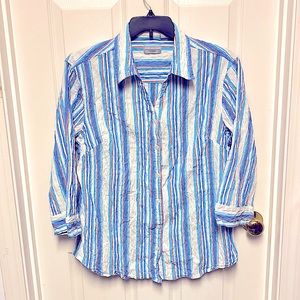 Three-quarter sleeve button up woman’s shirt, red, white & blue striped.